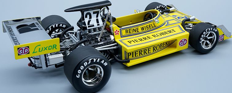 Miniature Tecno 1/18 March Ford 731, GP Suède 1973 #27 Reine Wisell, Résine