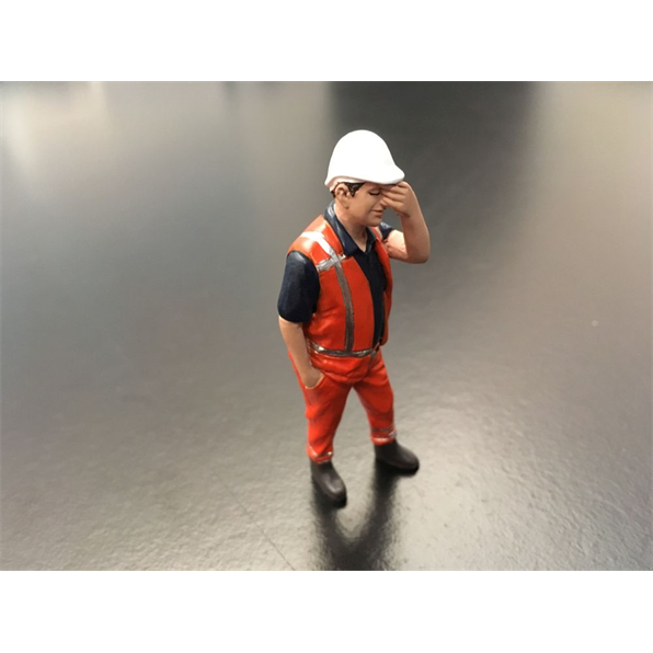 Worker scratching head Orange safety jacket with helmet