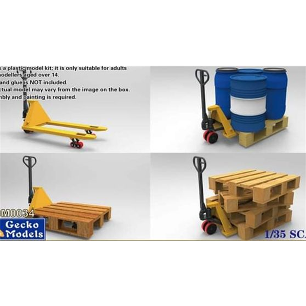 Pallet Truck w/Wooden Pallets and 200 Ltr Oil Drums