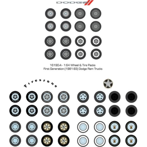 Wheel and Tyre Packs Series 8 6pcs (2 x  Firestone/2 x Dodge/2xHollywood Icons)