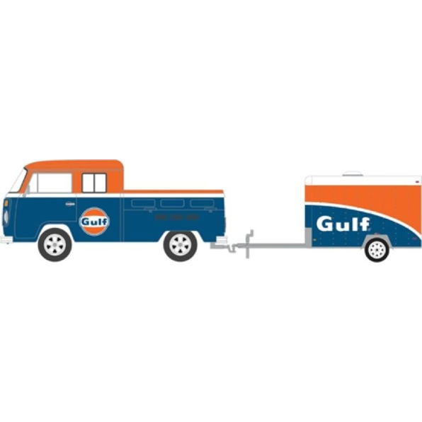 VW T2 Type 2 Double Cab Pick-Up Gulf Oil 1975 w/Small Cargo Trailer