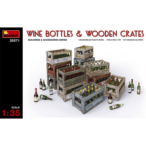 Wine, Beer, Milk Bottles and Wooden Boxes